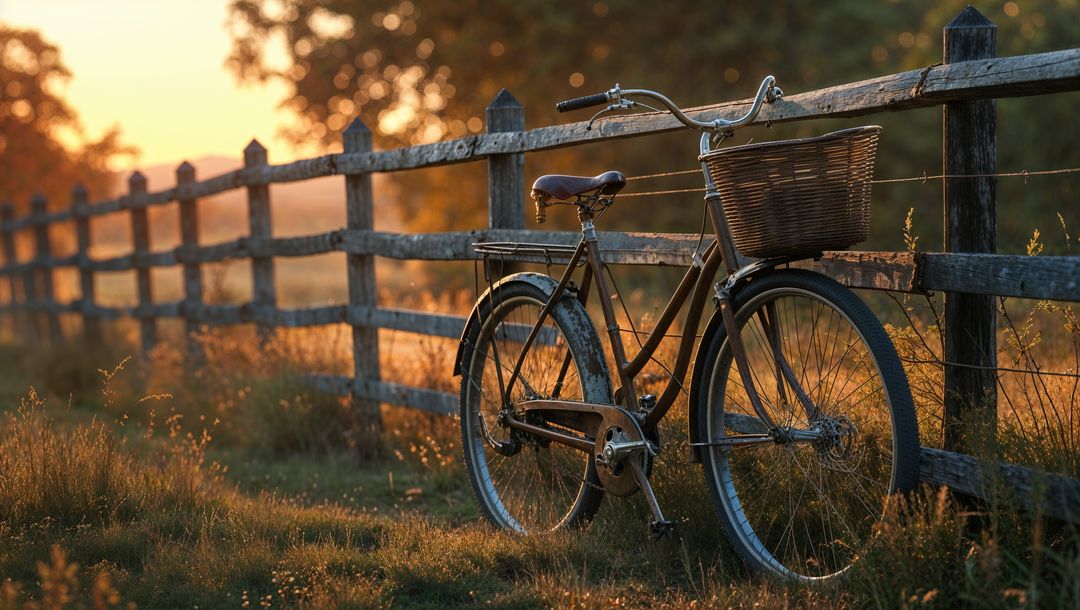 Vintage Bicycle with Wicker Basket in Sunrise Over Field