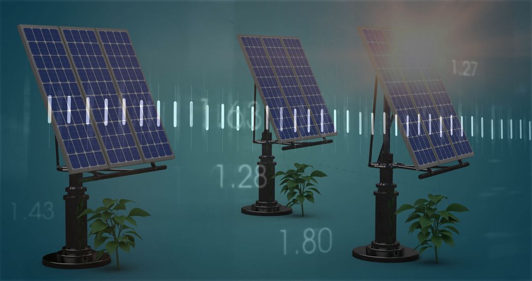 Photovoltaic Solar Panels with Green Plants and Data Overlays