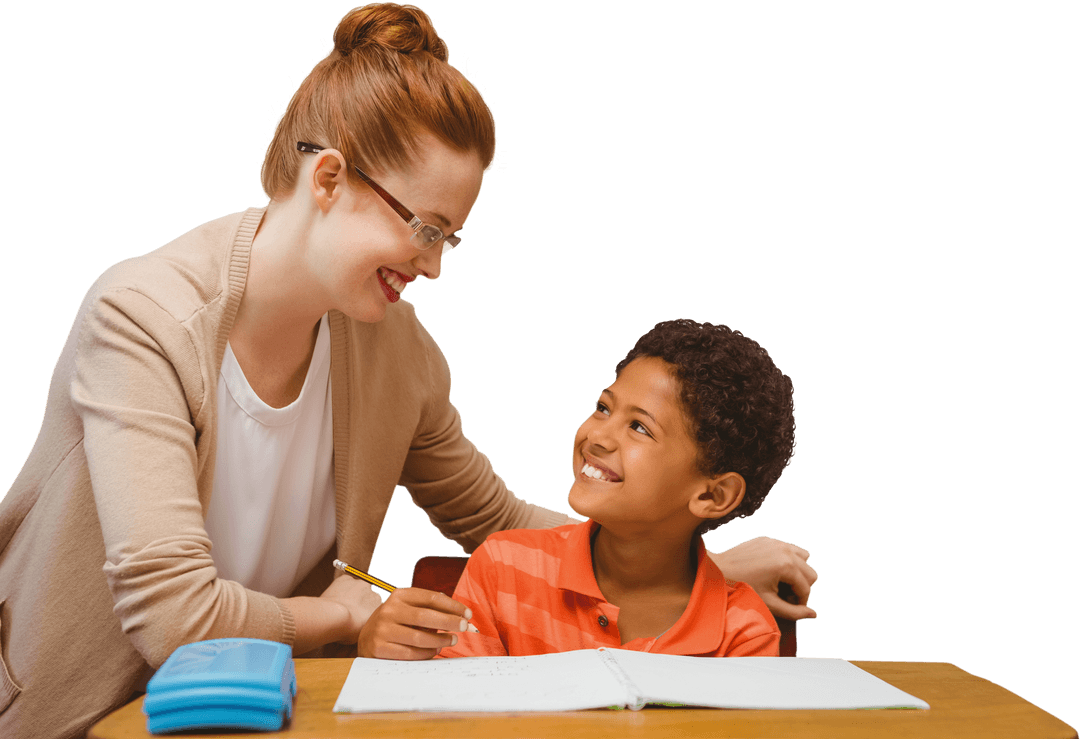 Transparent Teacher Guiding Smiling Child Learning New Concepts