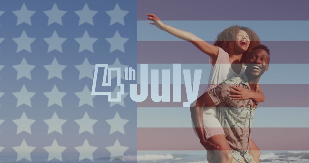 Joyful Couple Celebrating 4th of July on Beach with American Flag Overlay