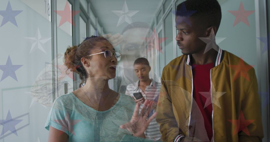 Diverse Business Professionals with USA Flag Overlay