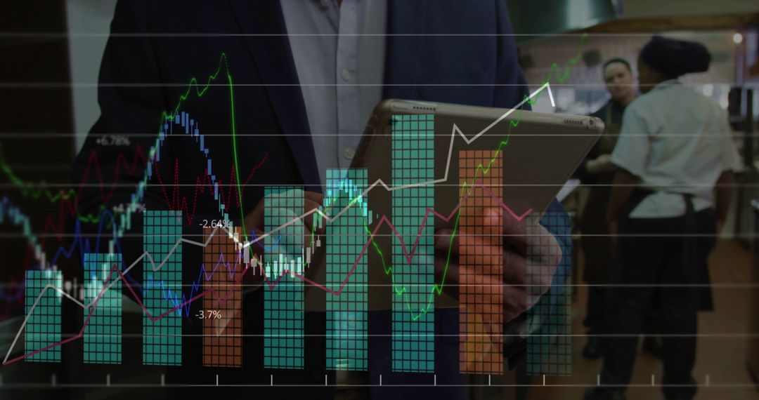 Executive Analyzing Financial Data on Tablet in Restaurant Kitchen