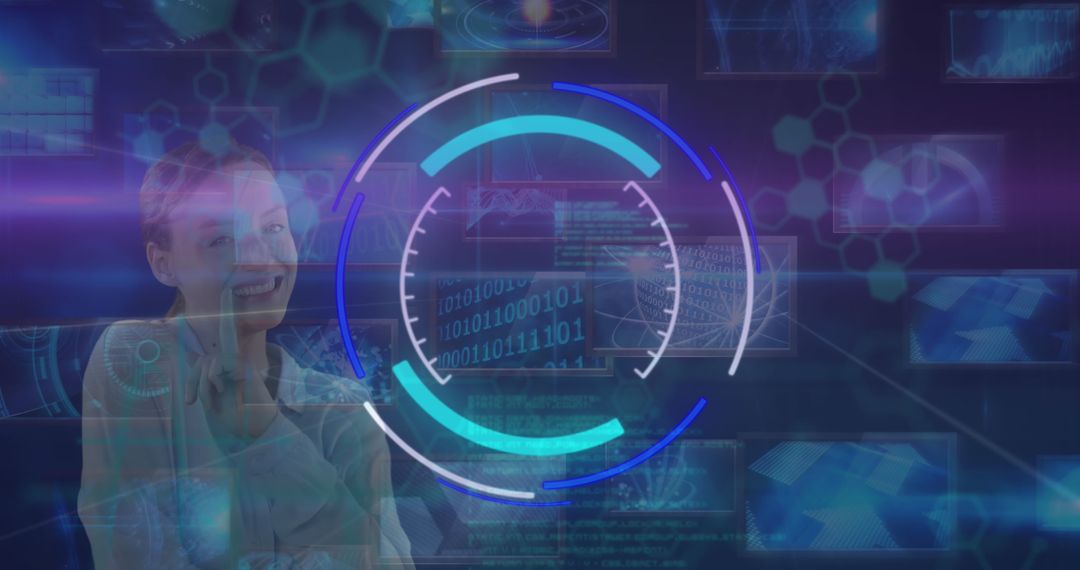Futuristic Interface with Smiling Woman in Digital Environment