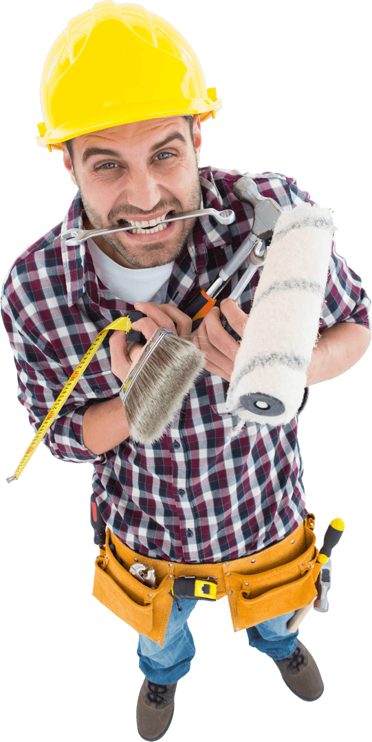 Frustrated Handyman Holding Multiple Tools in Transparent View