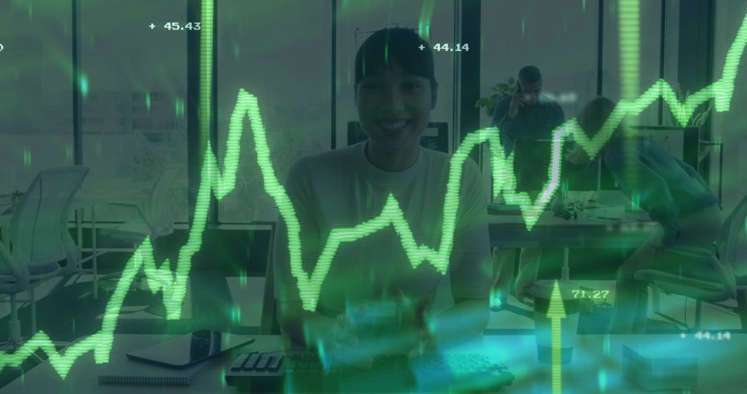 Financial Analyst Using Technology with Chart Overlay at Corporate Office