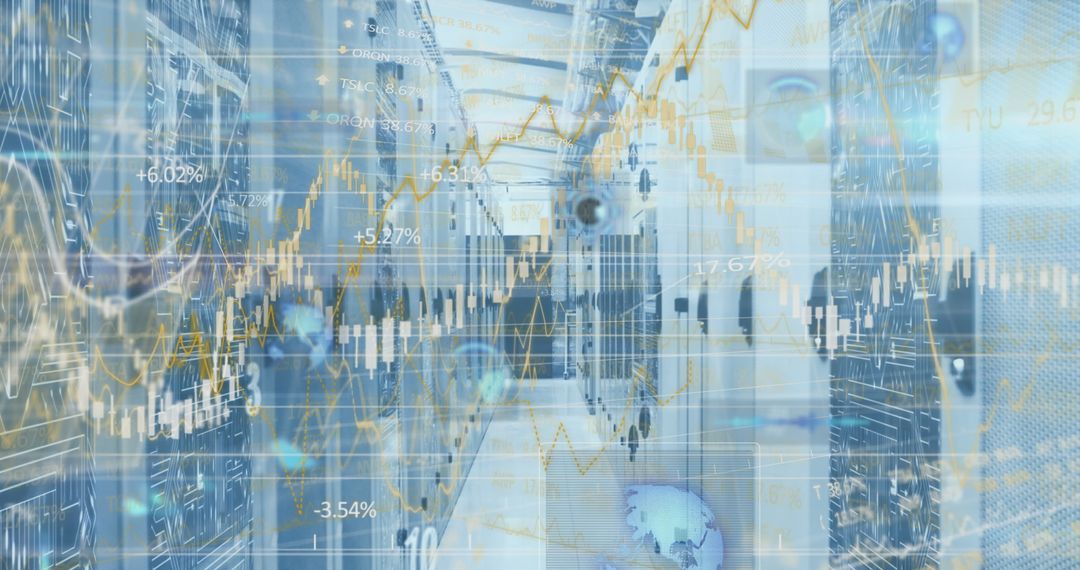 Futuristic data analytics in server room with digital interfaces