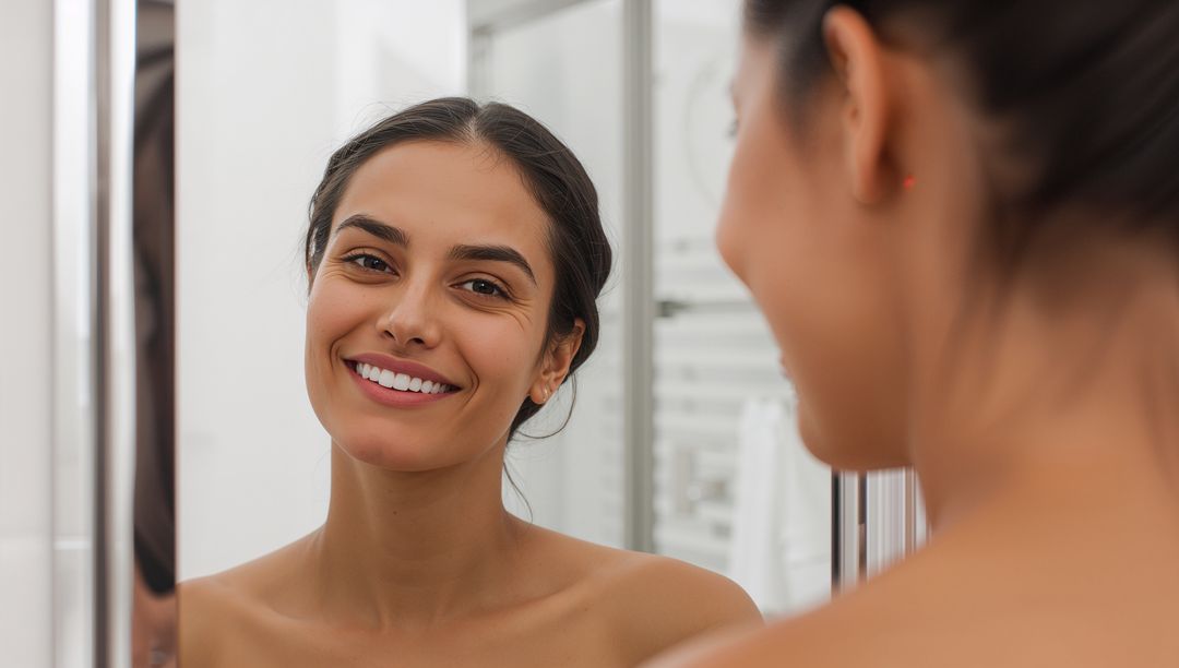 Smiling woman gazing into mirror checking skin at minimalist bathroom vanity