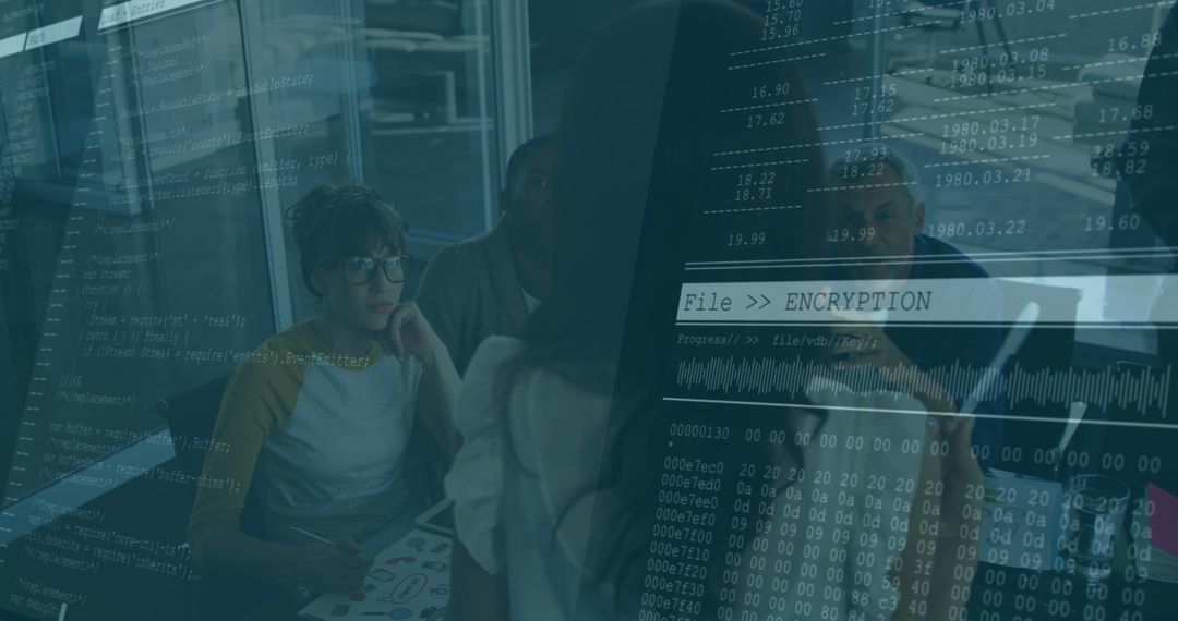 Team Collaborating in Modern Office with Data Encryption Overlay
