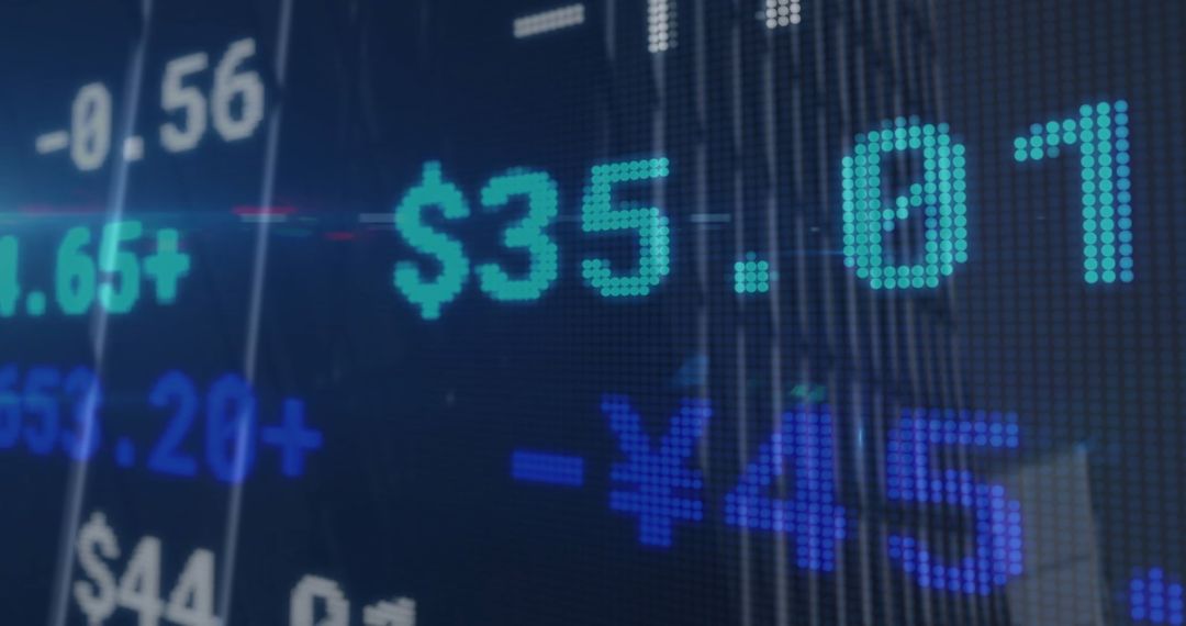 Digital Stock Market Ticker Display with Currency Symbols