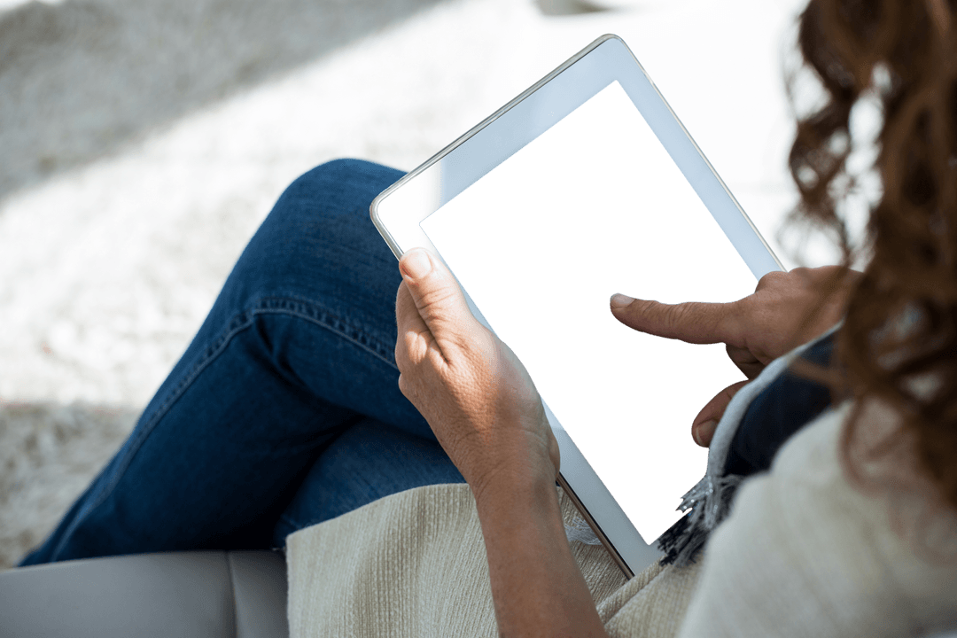 Woman Interacting with Blank Tablet, Screen Placeholder Transparent Background