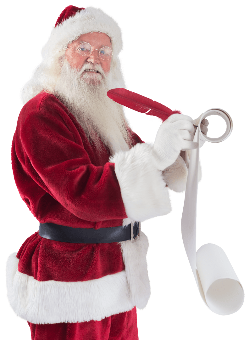Santa Claus Checking His List in Traditional Outfit on Transparent Background