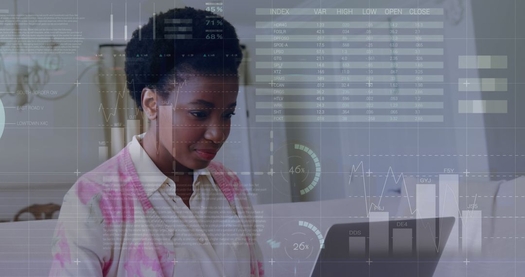 Woman Analyzing Data on Laptop with Transparent Charts in Background - Free Images, Stock Photos and Pictures on Pikwizard.com