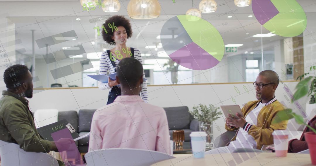 Diverse Team in Office Surrounded by Digital Data Visuals