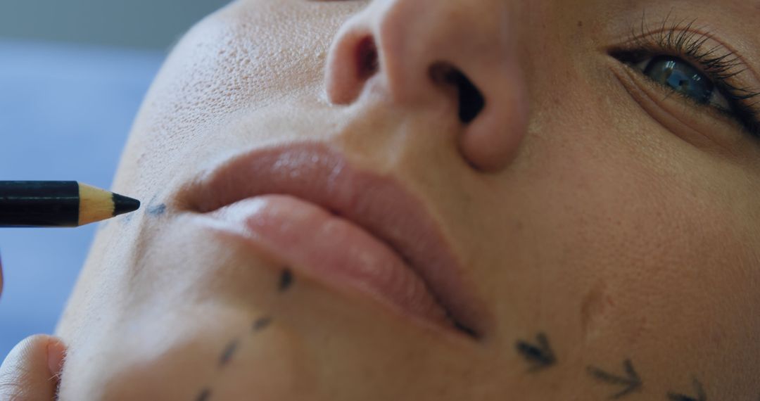 Close-up of person preparing for cosmetic surgery with markings on face - Free Images, Stock Photos and Pictures on Pikwizard.com