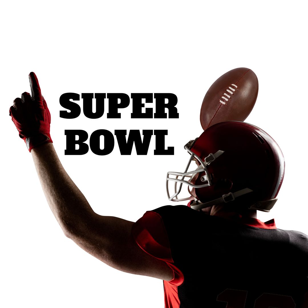 American Football Player Holding Ball with Super Bowl Text