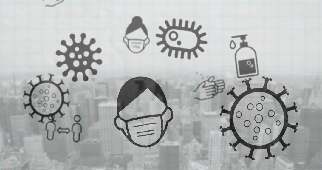 Covid-19 Pandemic Symbols over Cityscape