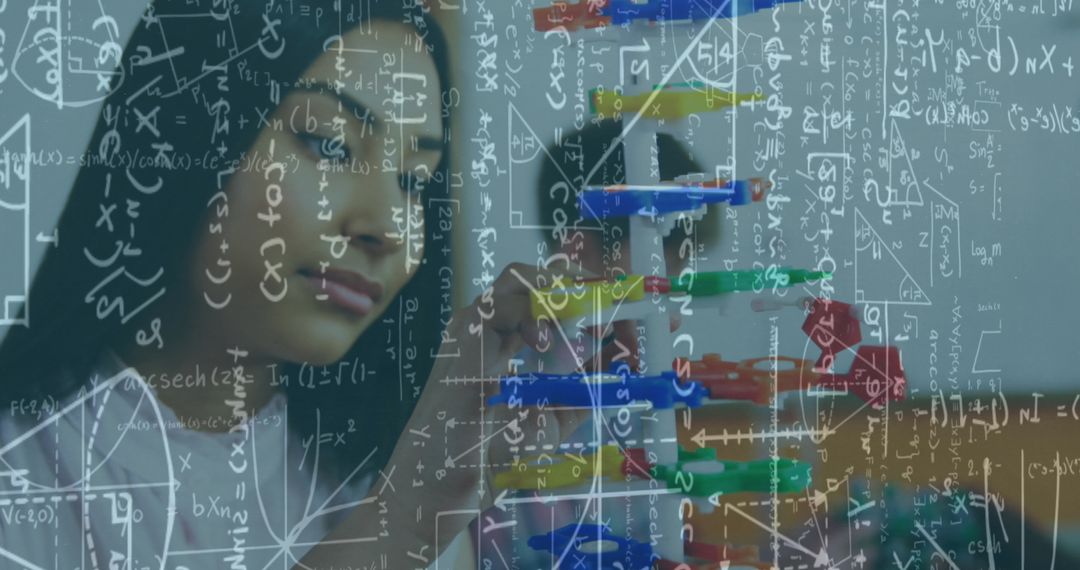 Student Analyzing a DNA Model with Mathematical Formulas Overlay