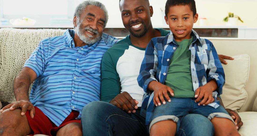 Three Generation African American Family Smiling on Sofa - Free Images, Stock Photos and Pictures on Pikwizard.com