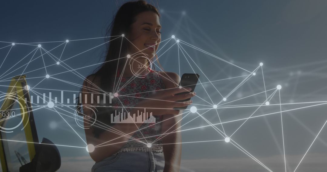 Woman Using Smartphone with Digital Networks Overlay