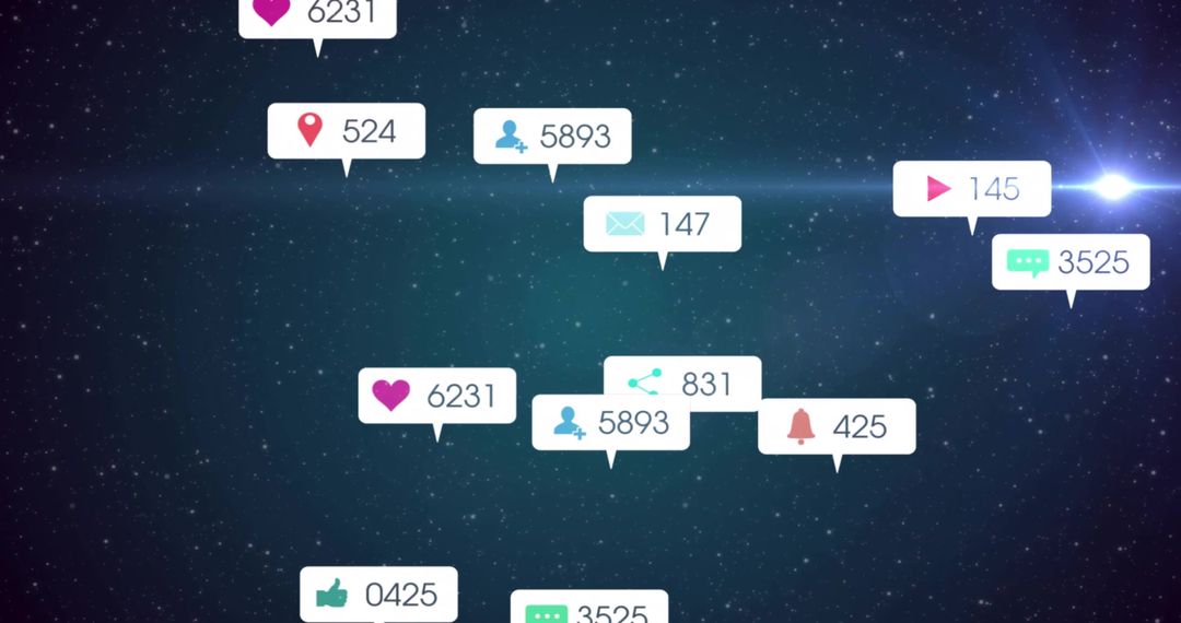 Floating social media notification bubbles drifting over starfield for futuristic UI