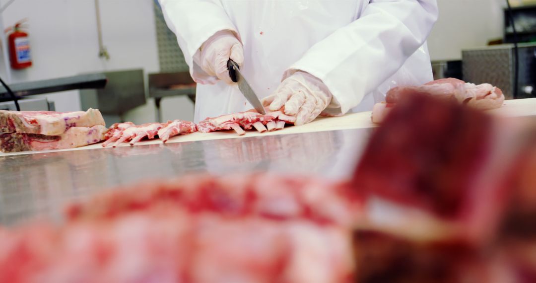 Butcher Cutting Fresh Meat in Industrial Kitchen - Free Images, Stock Photos and Pictures on Pikwizard.com