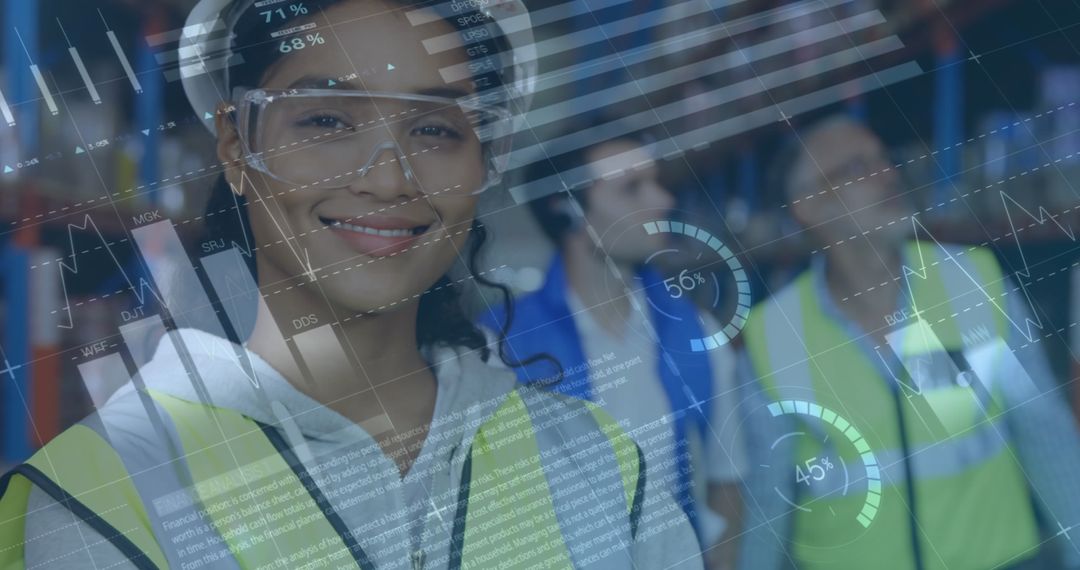 Smiling Female Worker in Smart Warehouse with Data Overlays