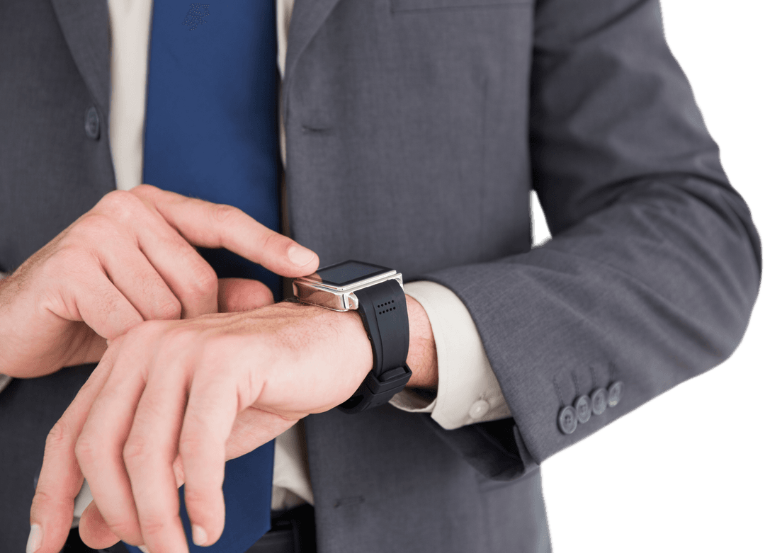 Caucasian Businessman Checking Smartwatch Isolated on Transparent Background