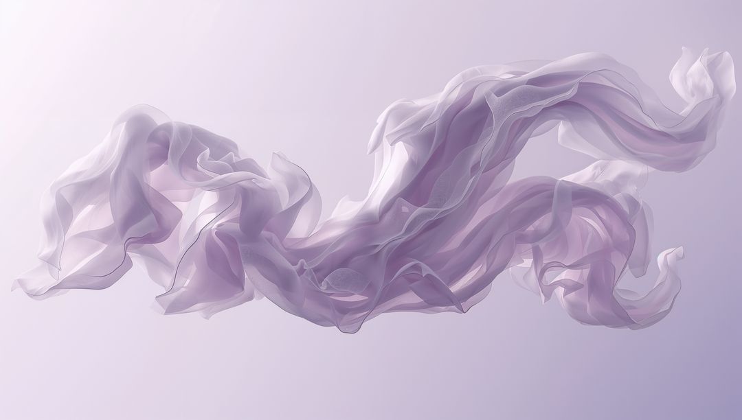 Floating lavender chiffon ribbon with flowing layers on soft pastel gradient backdrop