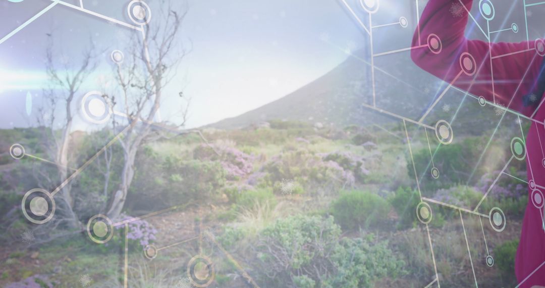 Explorer Analyzing Natural Landscape with Digital Network Overlay