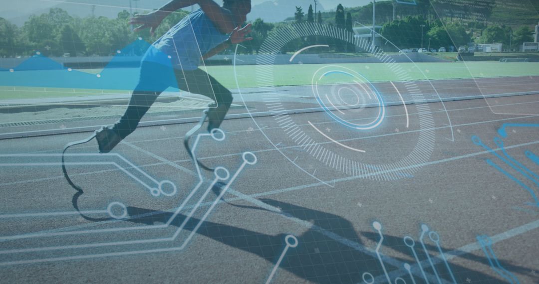 Athlete with Running Blades and Futuristic Digital Interface