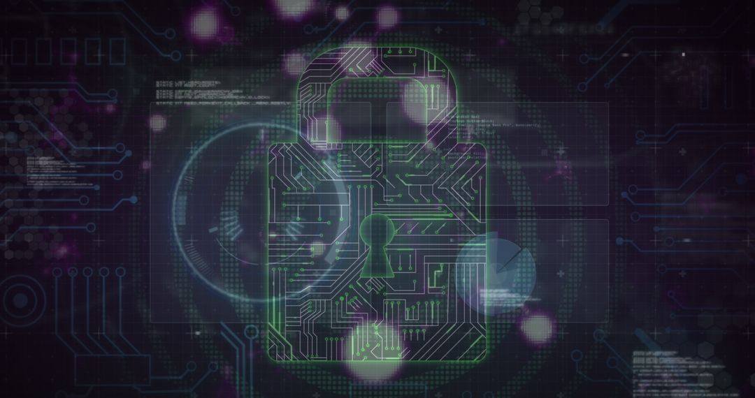 Digital Padlock with Circuit Board Background for Cybersecurity Concept