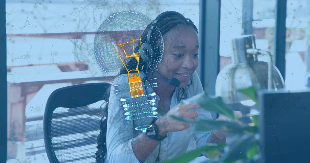Pointing woman with headset and smartwatch interacting with holographic lightbulb at desk