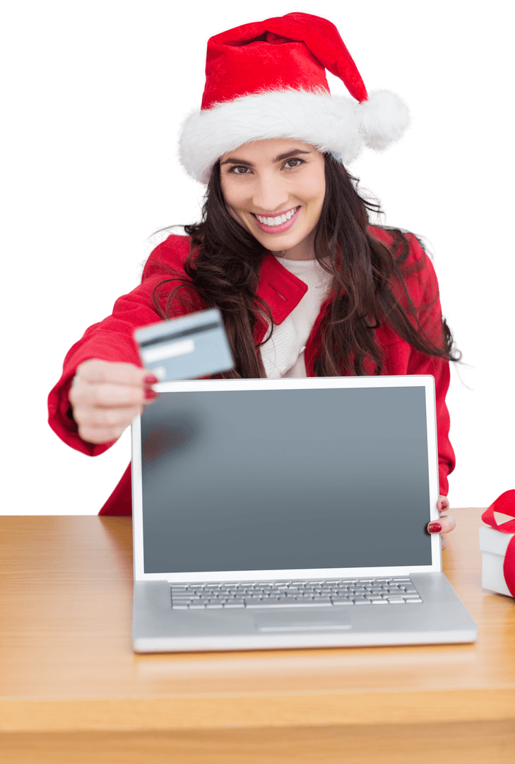 Smiling Woman in Santa Hat Presenting Credit Card on Transparent Background