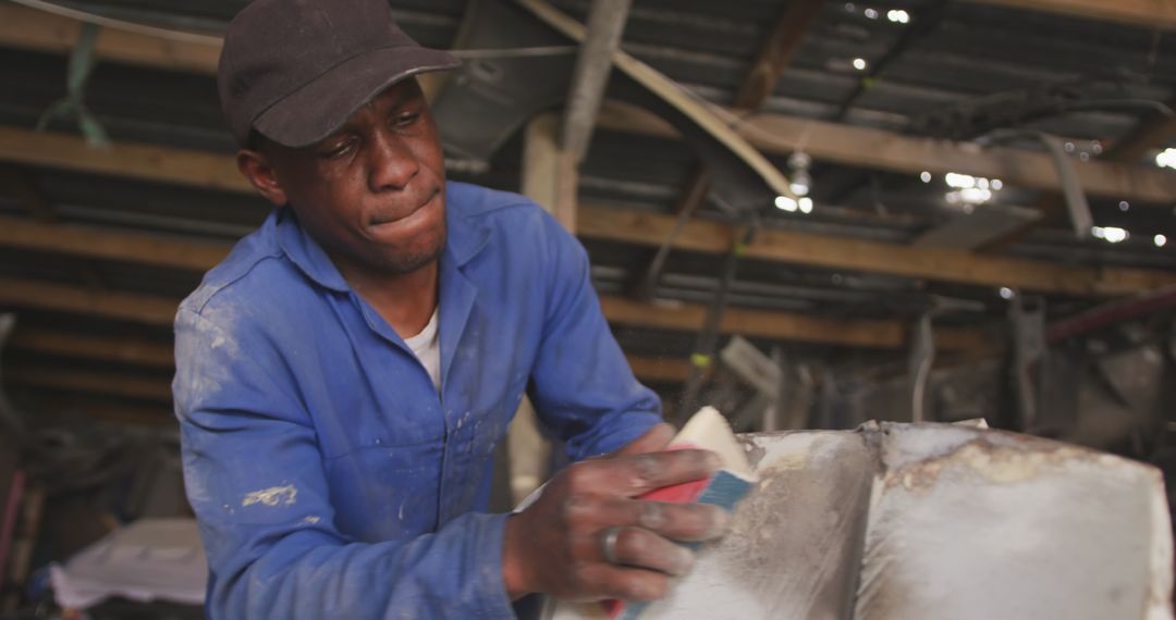 Skilled Worker Sanding Car in Township Workshop, South Africa