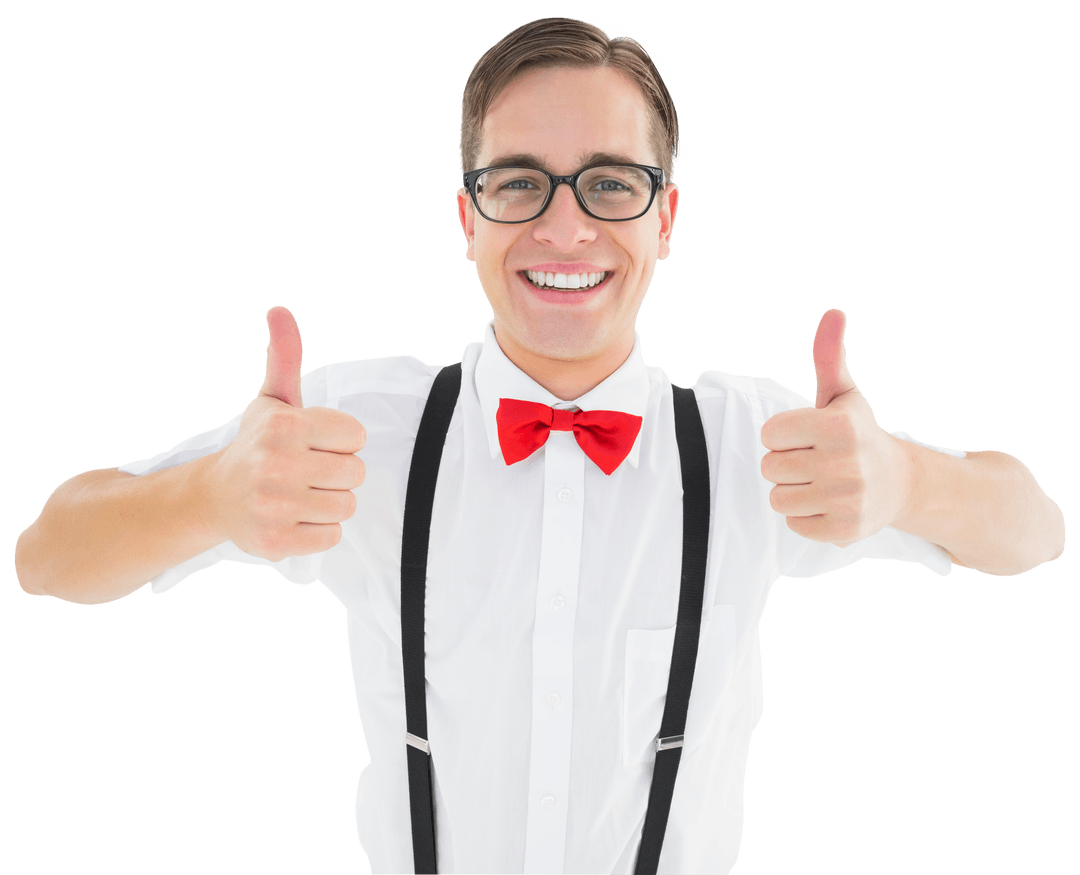 Cheerful Nerdy Hipster Showing Double Thumbs Up on Transparent Background