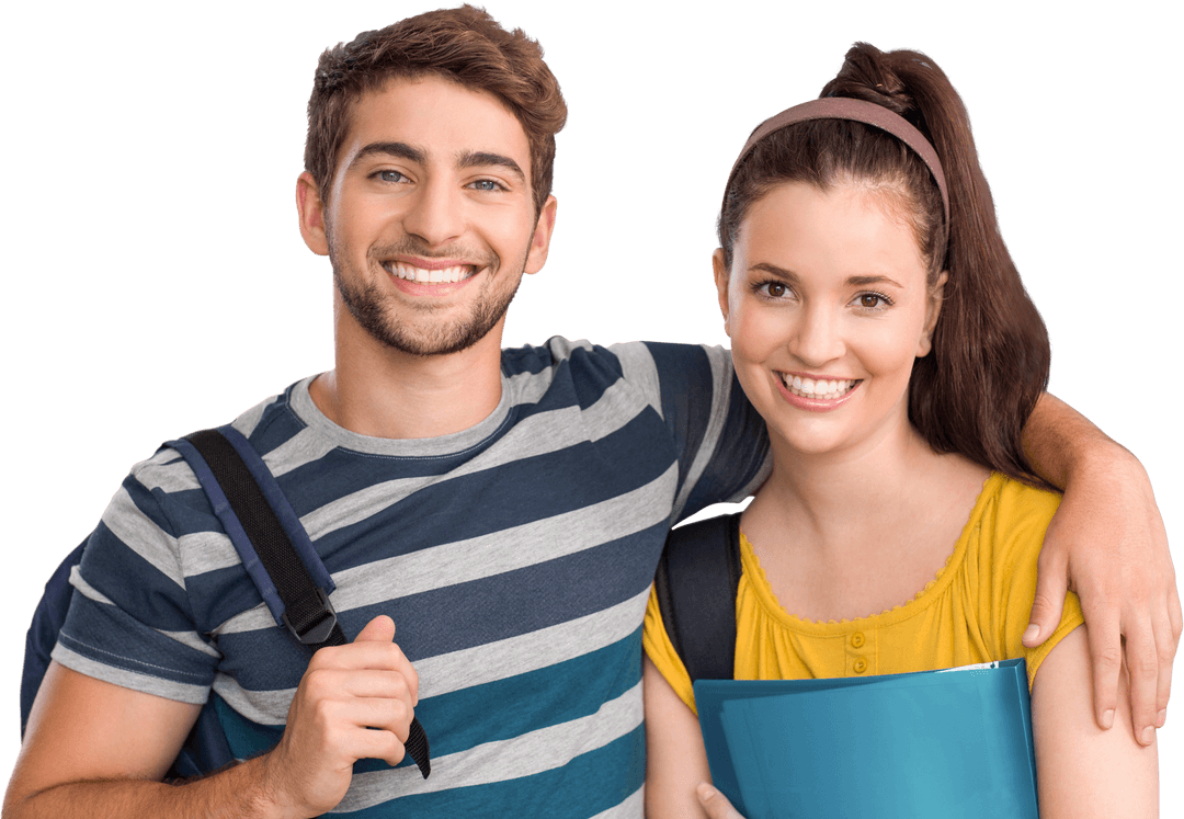 Smiling Caucasian Students Embracing on Transparent Background