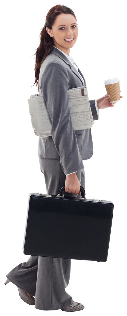 Confident Professional Woman Walking with Documents and Coffee
