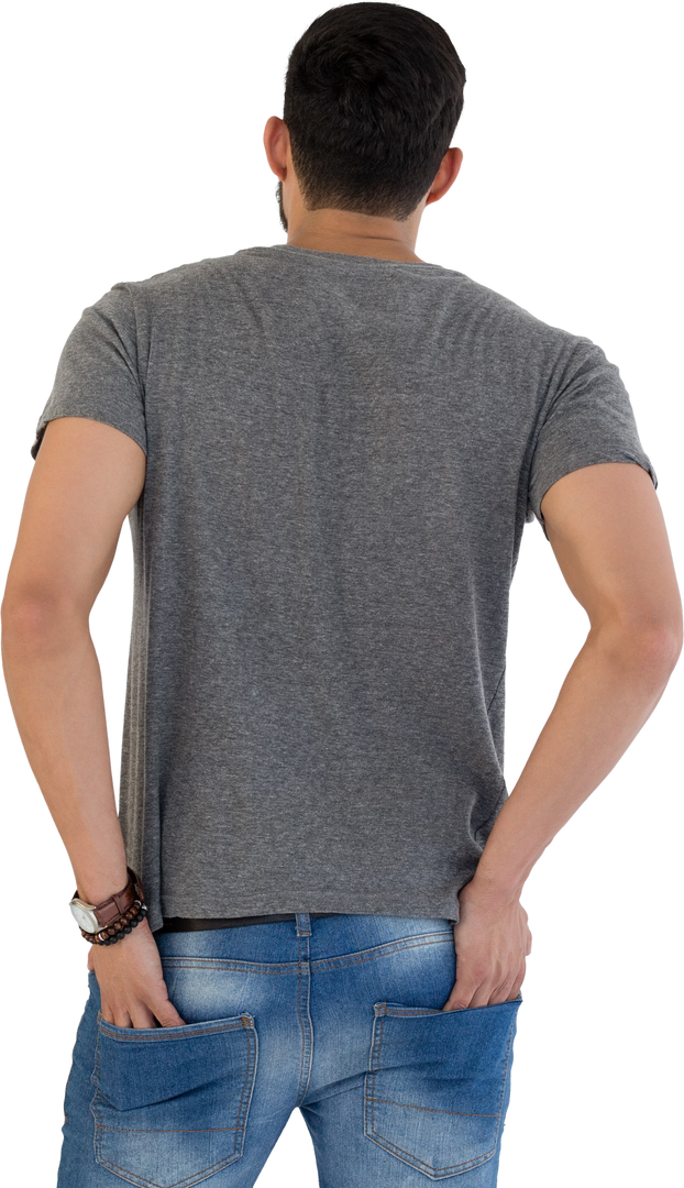 Transparent rear view of man in grey t-shirt with hands in pockets - Download Free Stock Images Pikwizard.com