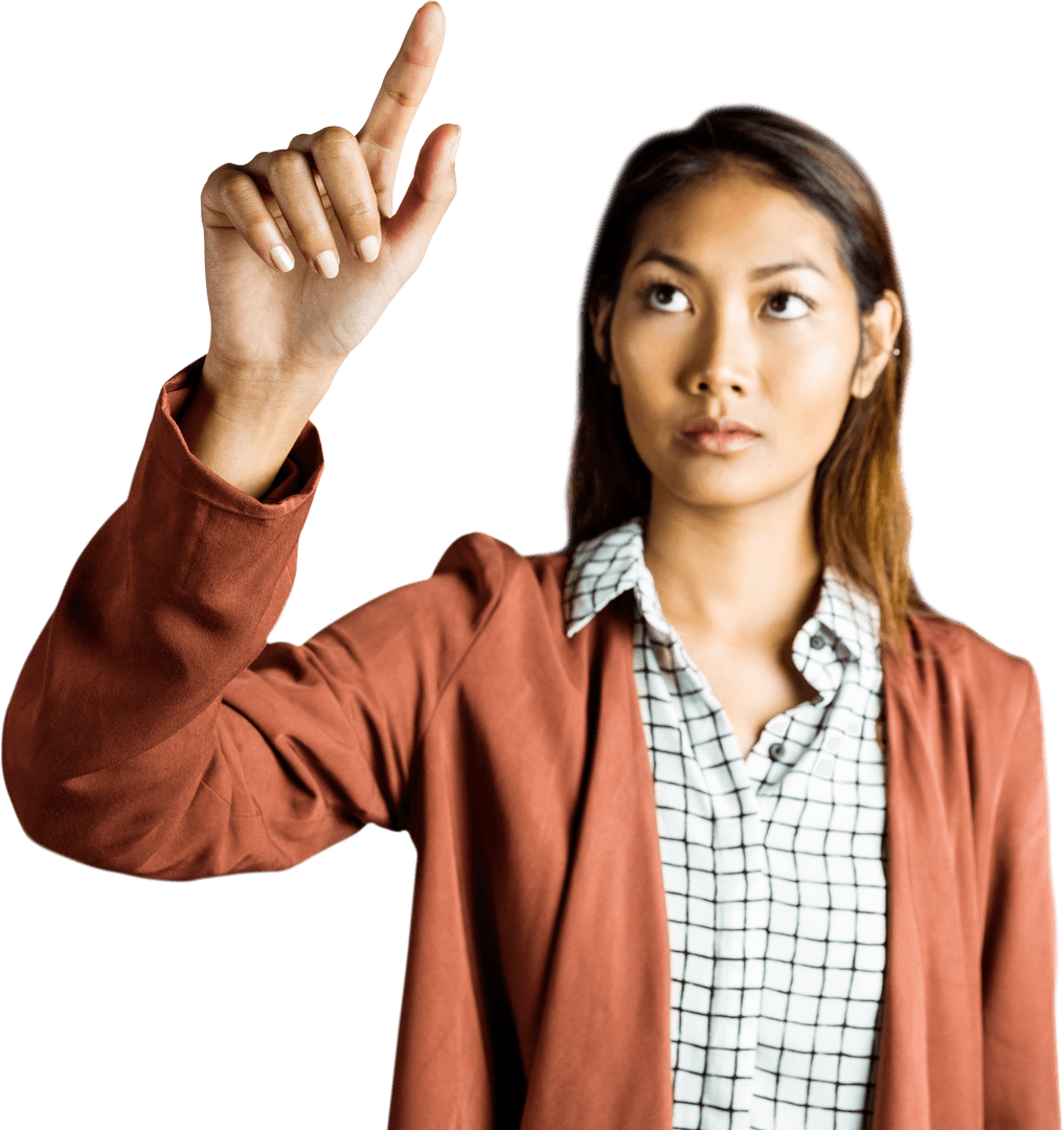 Woman Pointing Upwards on Transparent Background