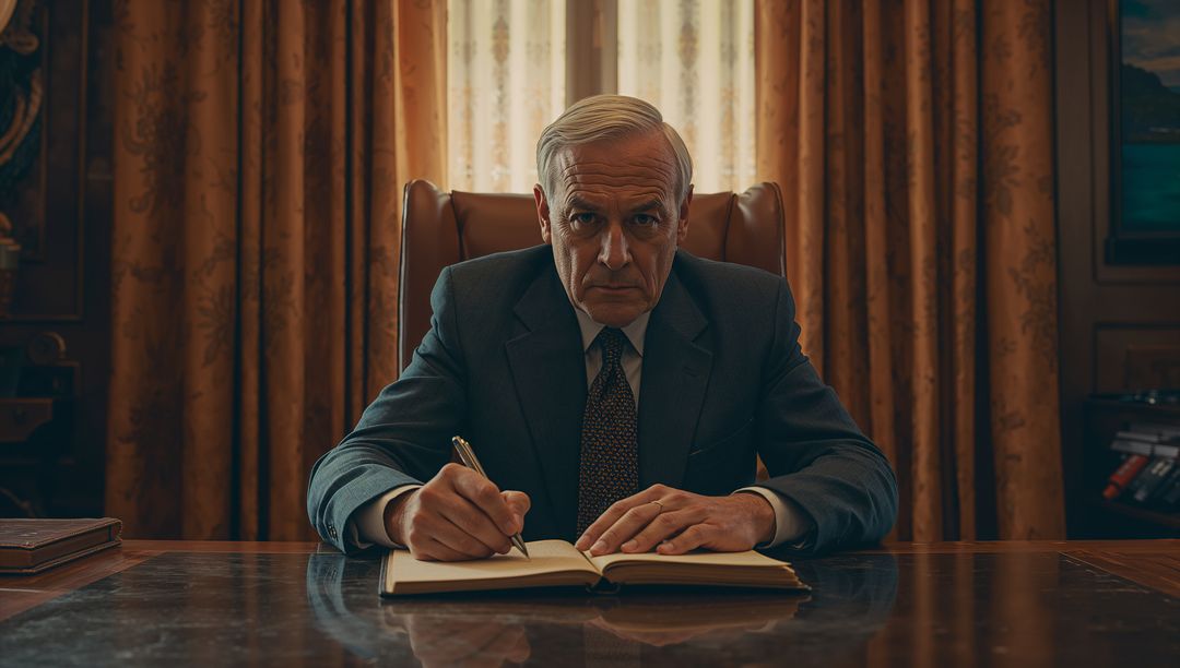 Senior Business Executive Reviewing Ledger in Loofy Office