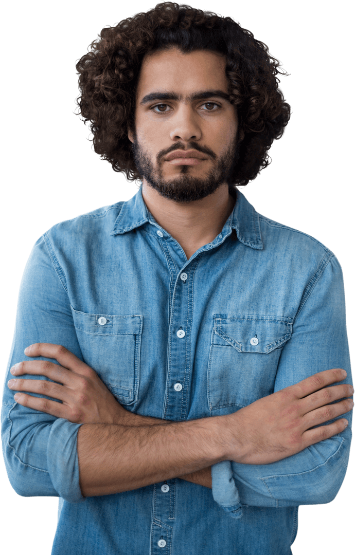 Transparent Background: Confident Young Curly-Haired Man in Denim Shirt