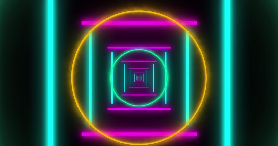 Vibrant Retro Futuristic Neon Tunnel with Moving Shapes