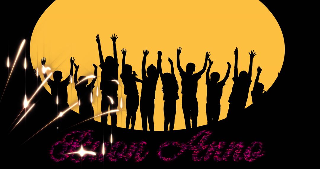 Silhouettes Celebrating New Year with Fireworks