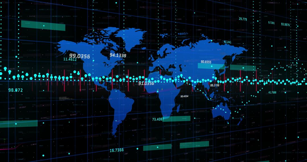 Global Financial Trends on Digital World Map with Data Grids