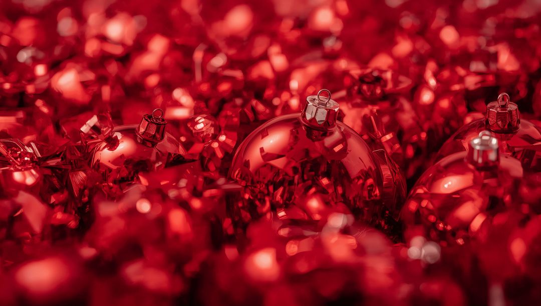 Glowing red Christmas baubles nestled in glossy tinsel, reflective ornaments sparkle