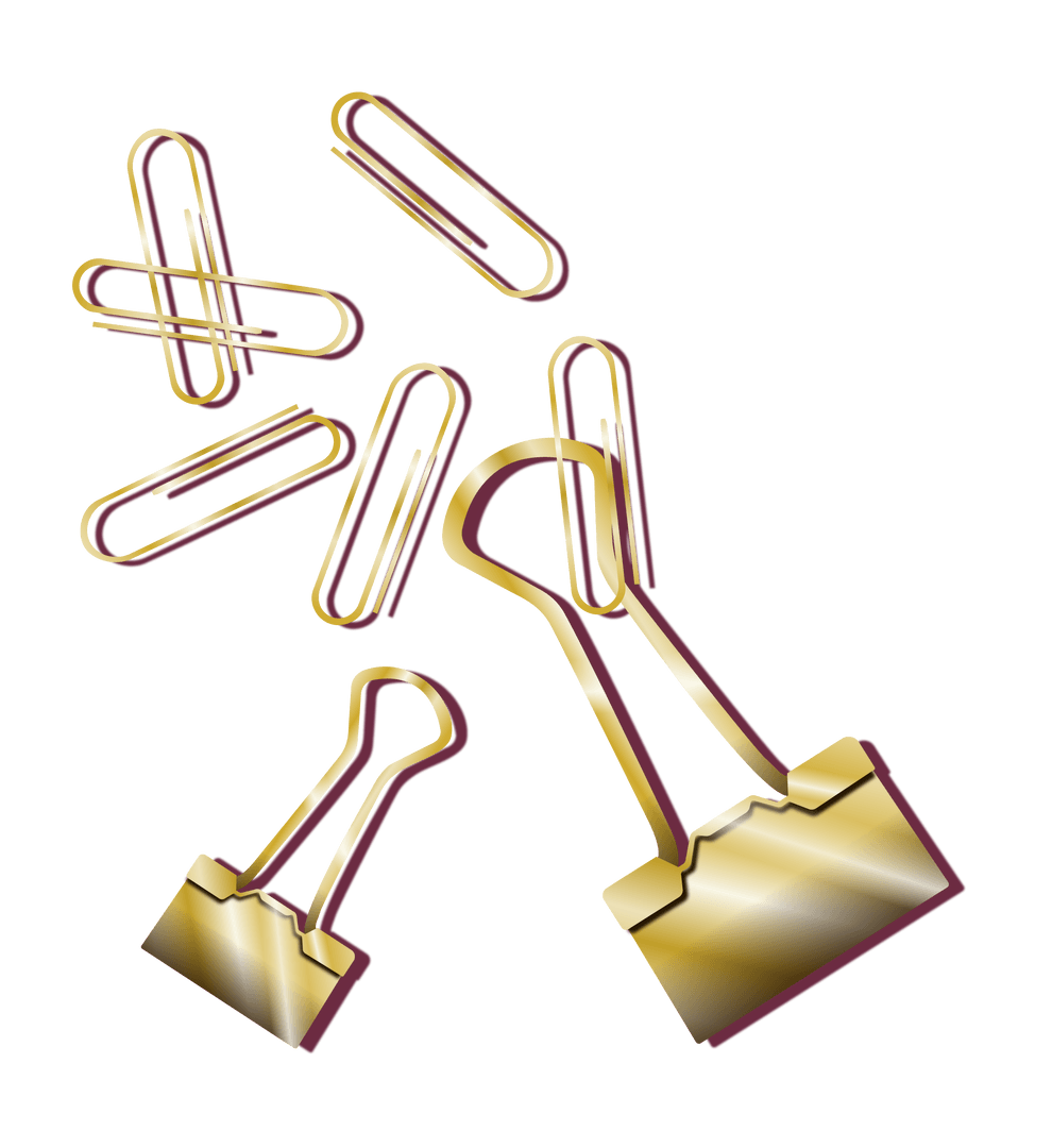 Luxurious Gold Binder Clips and Paperclips on Transparent Background