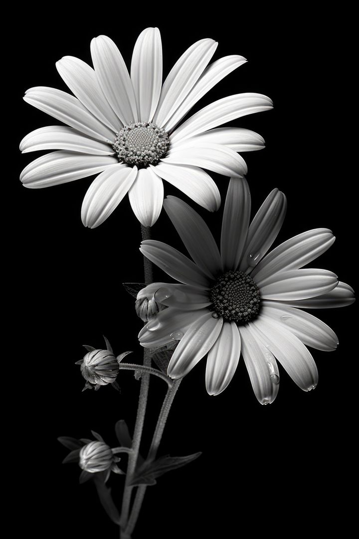 Close up of white daisy flowers on black background, created using generative ai technology - Free Images, Stock Photos and Pictures on Pikwizard.com