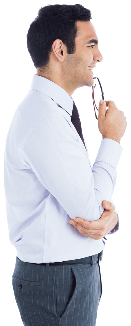 Confident Businessman Holding Eyeglasses on Transparent Background