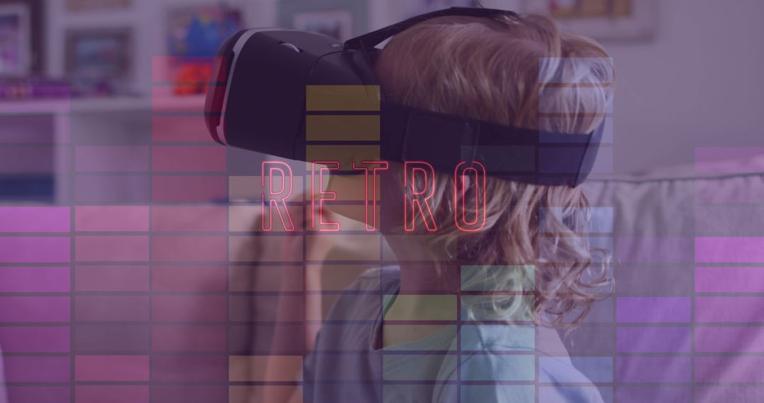 Young Child Exploring with VR Headset and Retro Overlay