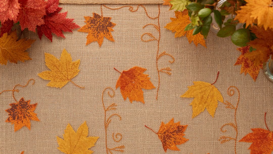 Burlap Tablecloth Featuring Stitched Orange Vines and Autumn Leaves for Fall Decor